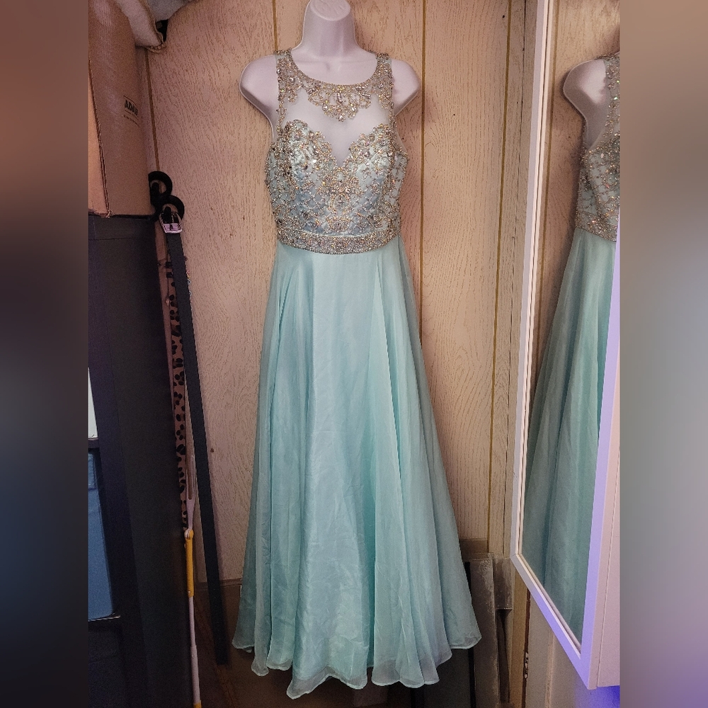 Jovani Light Blue Gown with Beaded Detail